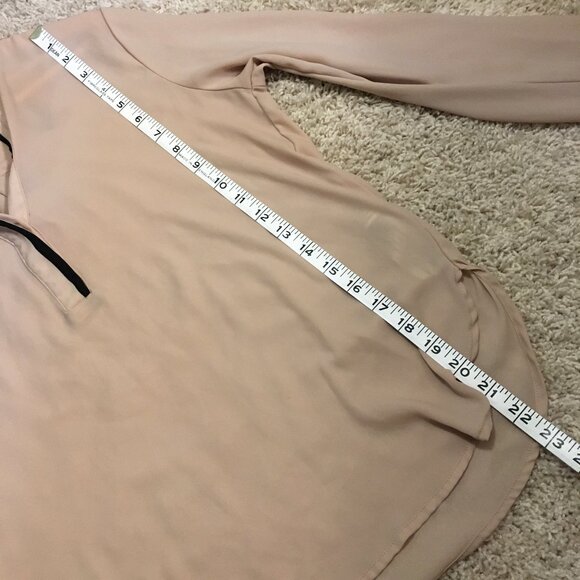 Classy Sheer Bisque and Black Trim Tunic Neck Blouse - Picture 15 of 16